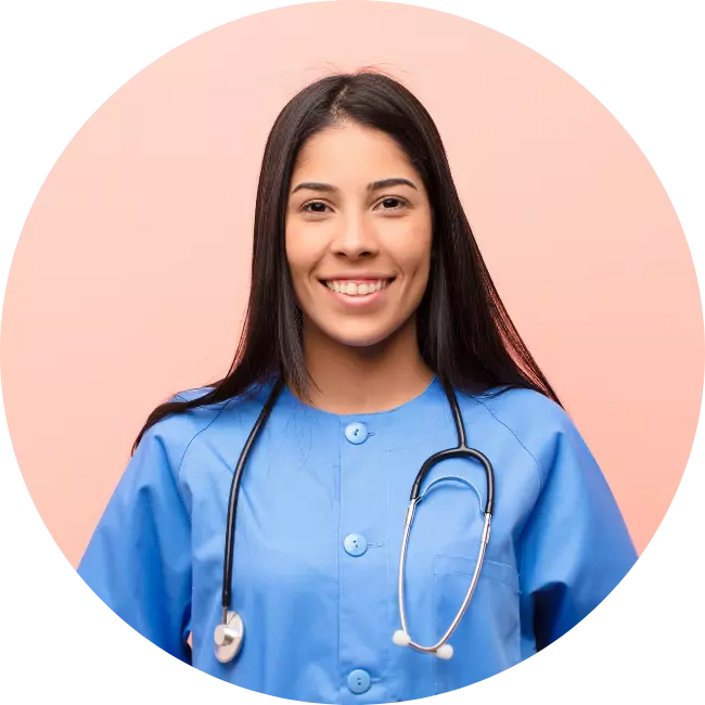 Image of happy female nurse smiling at camera