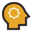 Cartoon icon of head with cog inside